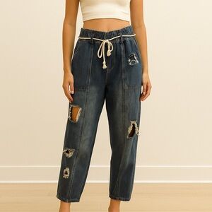 Easel Distressed Dark Blue Boyfriend Jeans